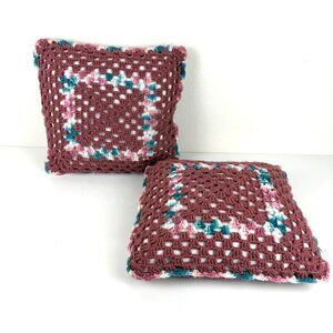 Set of 2 Chunky Crochet Cover Pillows Granny Square Pink Cottagecore Boho‎ 14”